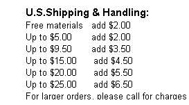 Text Box: U.S.Shipping & Handling:
Free materials   add $2.00
Up to $5.00       add $2.00
Up to $9.50       add $3.50
Up to $15.00      add $4.50
Up to $20.00      add $5.50
Up to $25.00      add $6.50
For larger orders, please call for charges
